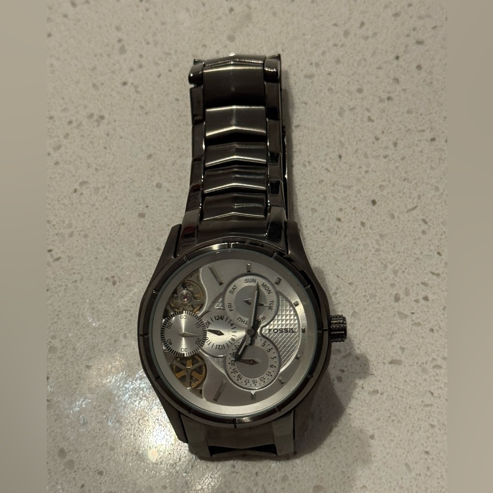Vtg Fossil Twist Men’s Watch ME-1019 Gunmetal Grey Stainless 25 Jewel Multi Dial